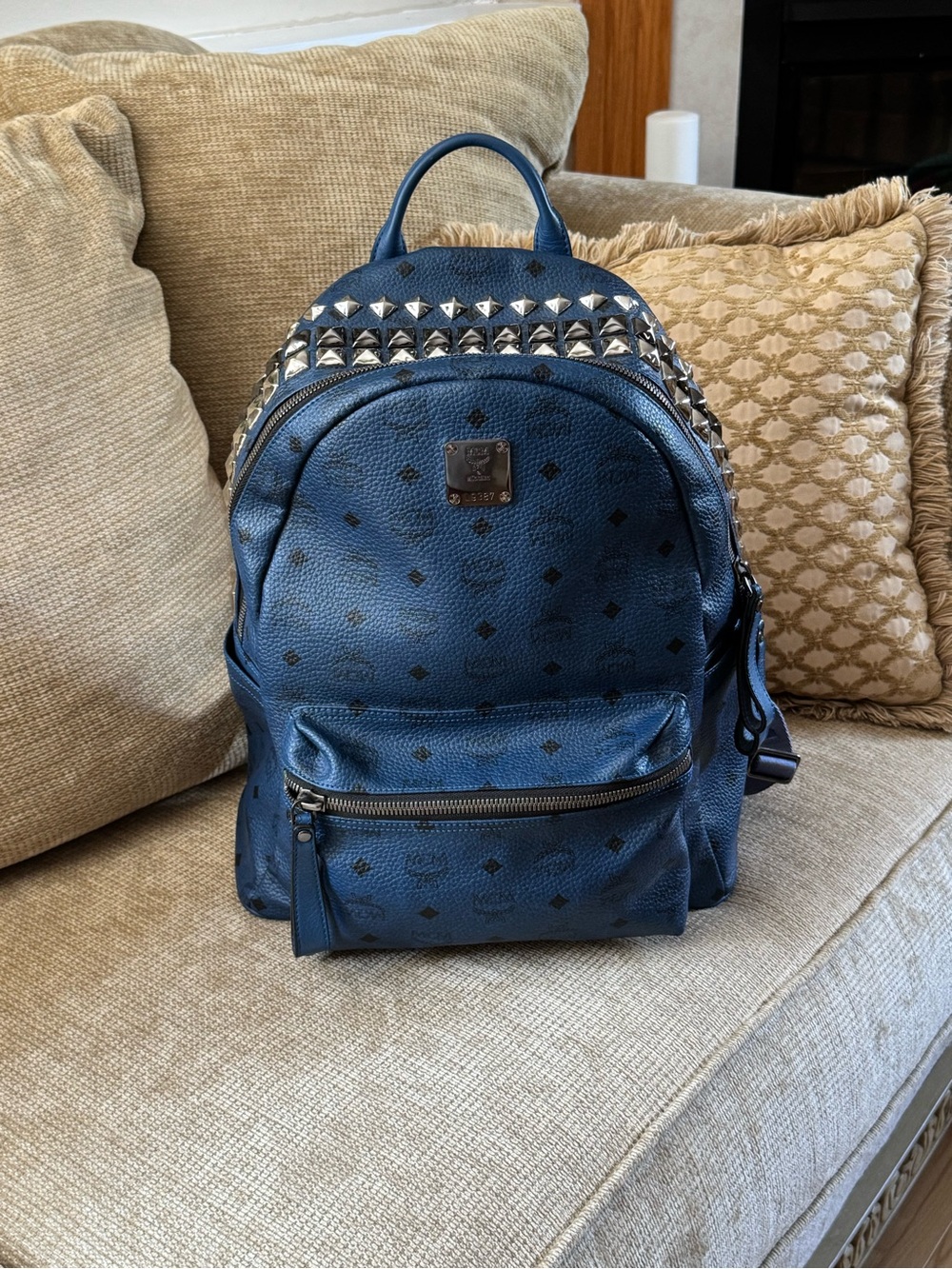 MCM Vintage Blue Authentic Leather Stud-Embellished Logo Backpack